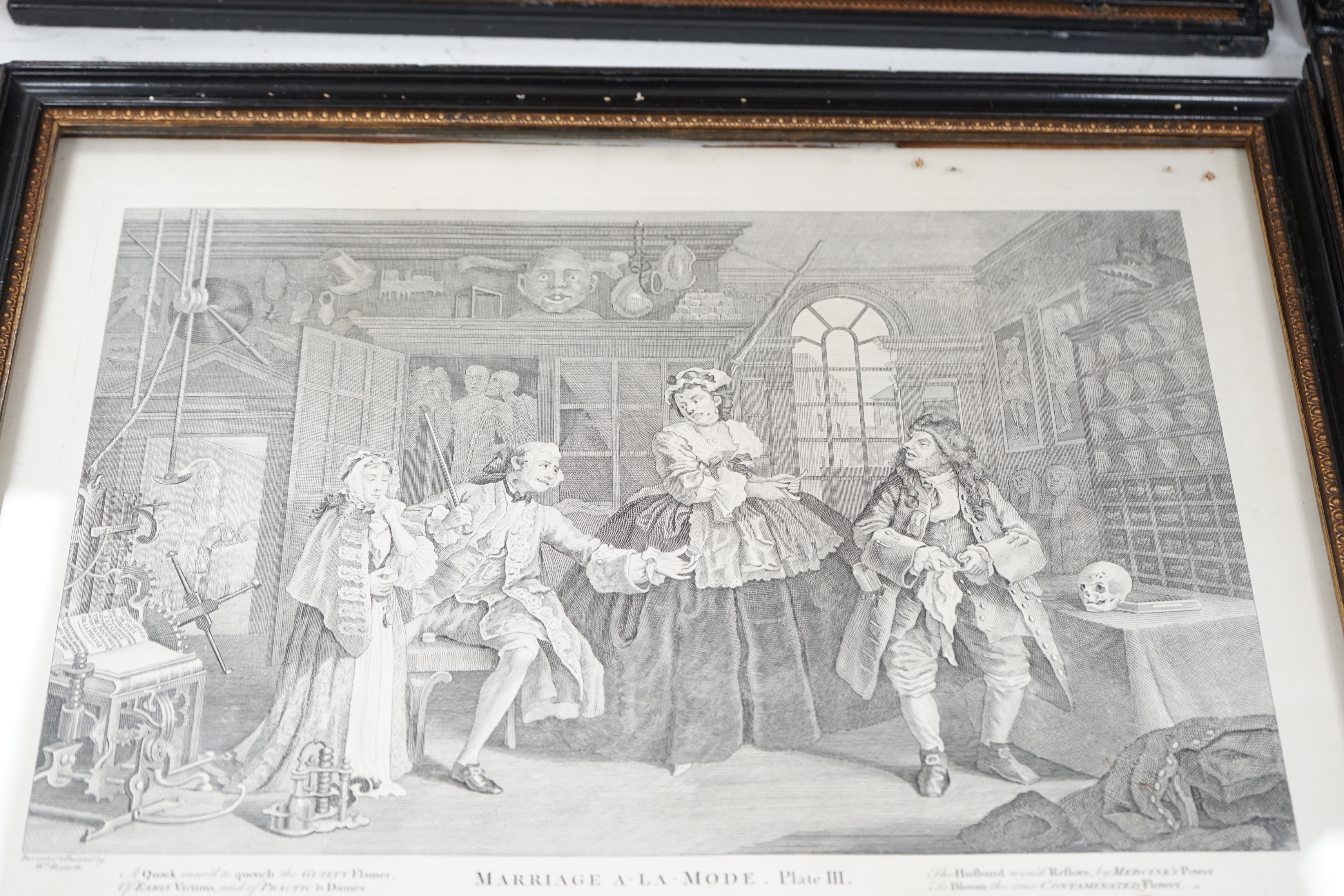 After William Hogarth (1697-1764), set of six satirical engravings, ‘Marriage a la Mode’, printed for Robert Sayer and Carington Bowles, London, 30 x 40cm. Condition - fair